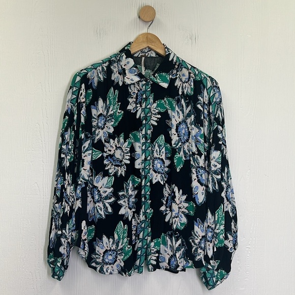 Free People - Good Vibrations Floral Teal Black Button Down Oversized Blouse XS - Picture 10 of 13